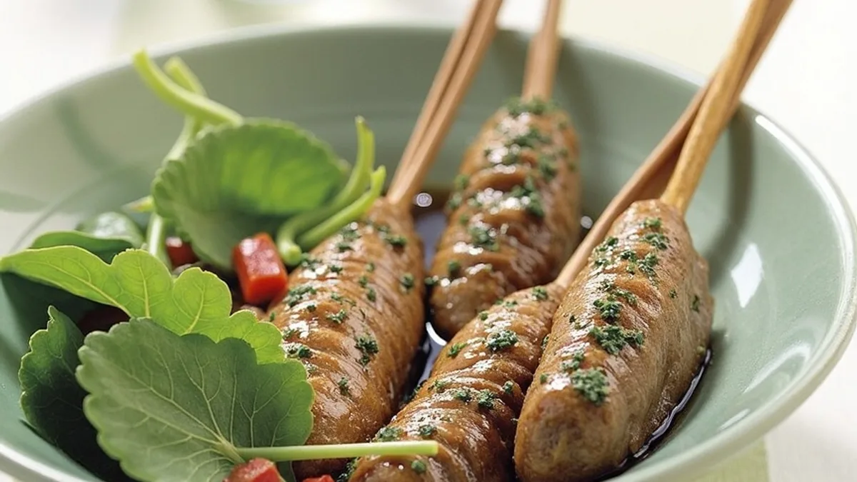 Lammhack-Spieße mit Granatapfel-Joghurt-Dressing und Spinatsalat