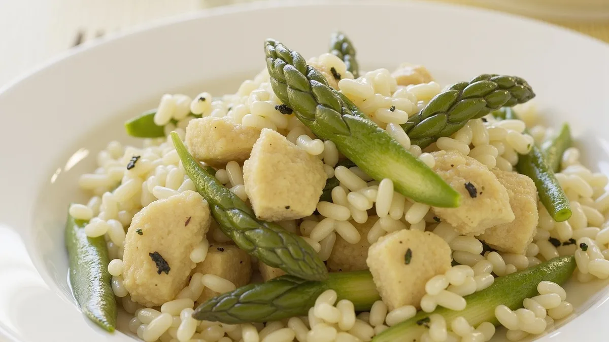 Hähnchen-Risotto mit grünem Spargel