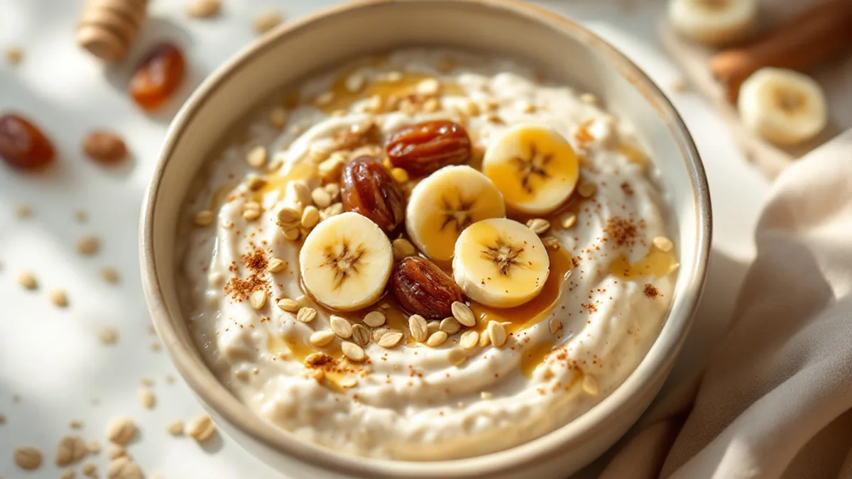 Cremiger Haferporridge mit Banane, Datteln und Honig