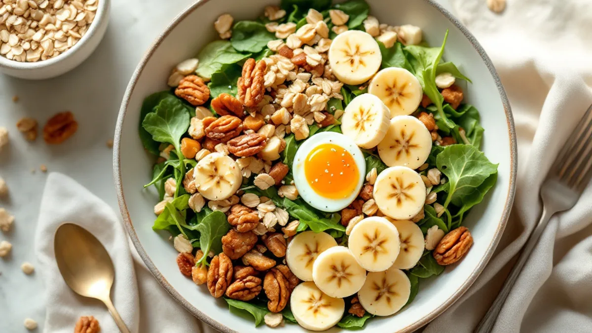 Kraft-Haferflocken-Bowl mit Banane, Walnüssen und Bienenpollen