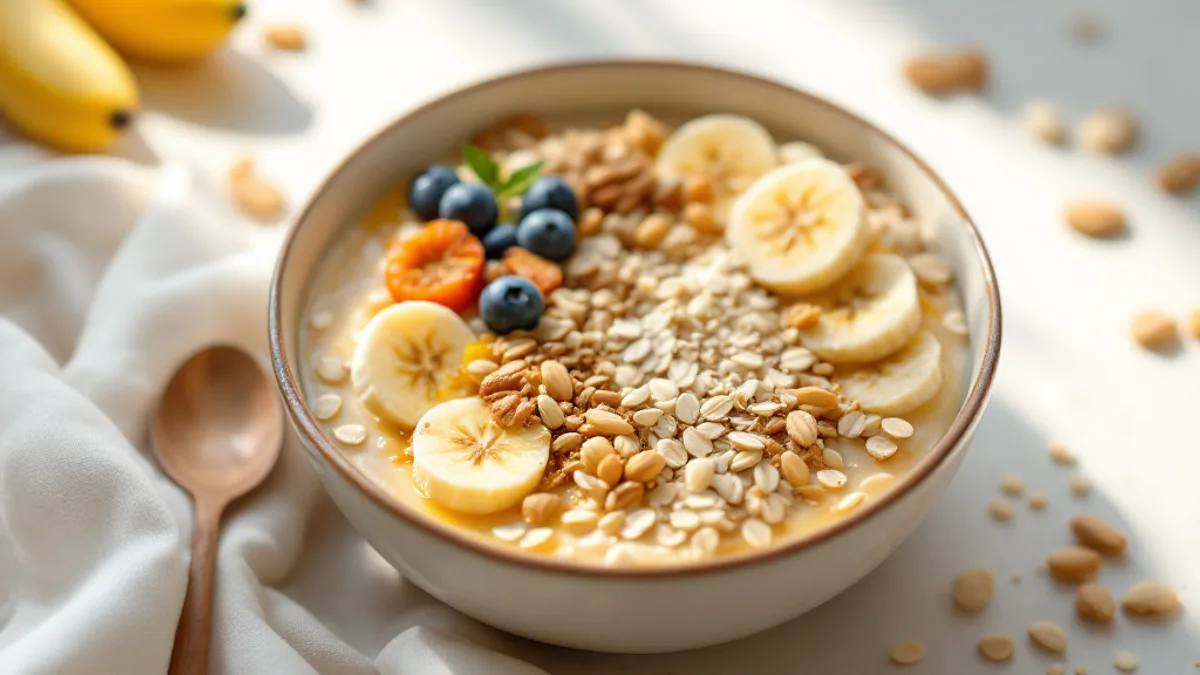 Kraft-Haferflocken-Bowl mit Banane, Walnüssen und Bienenpollen — Haferflocken-Bowl in einer Keramikschüssel, belegt mit Bananenscheiben, Haferflocken/Körnern