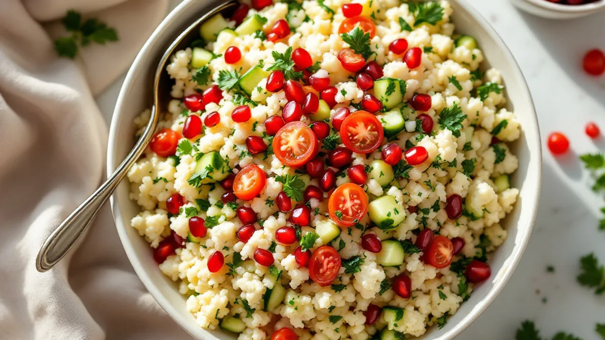 Herzhafter Blumenkohl-Taboulé mit Minze, Petersilie und Granatapfelkernen