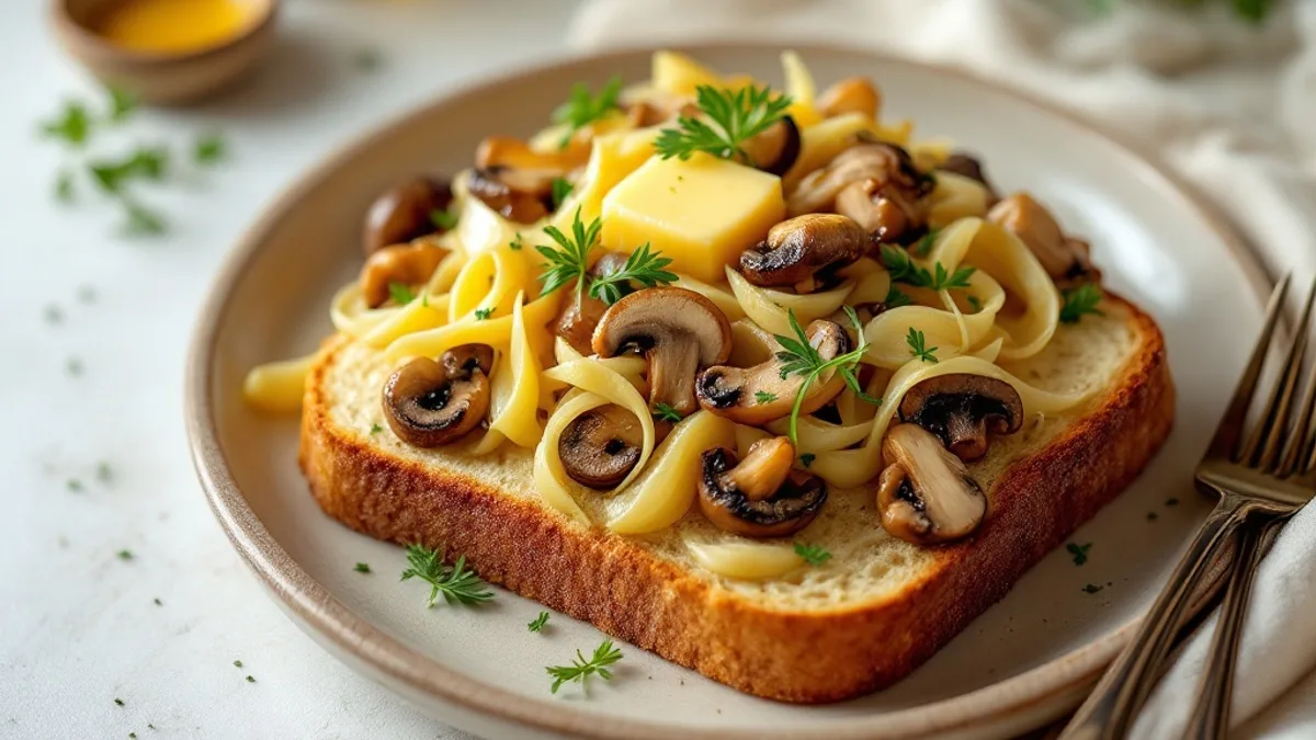 Herzhaftes Rührei mit Champignons und Schnittlauch auf Vollkornbrot