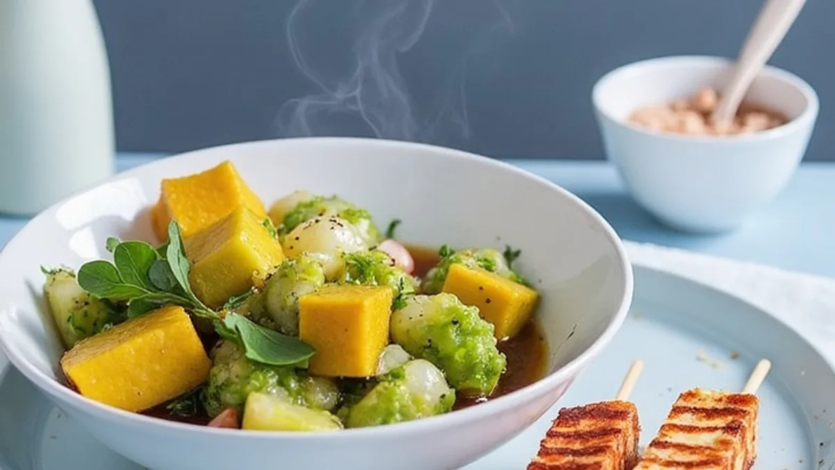 Gewürzte Hirse mit Zuckerschoten und gegrillten Tofuspießen an Erdnuss-Kokos-Sauce