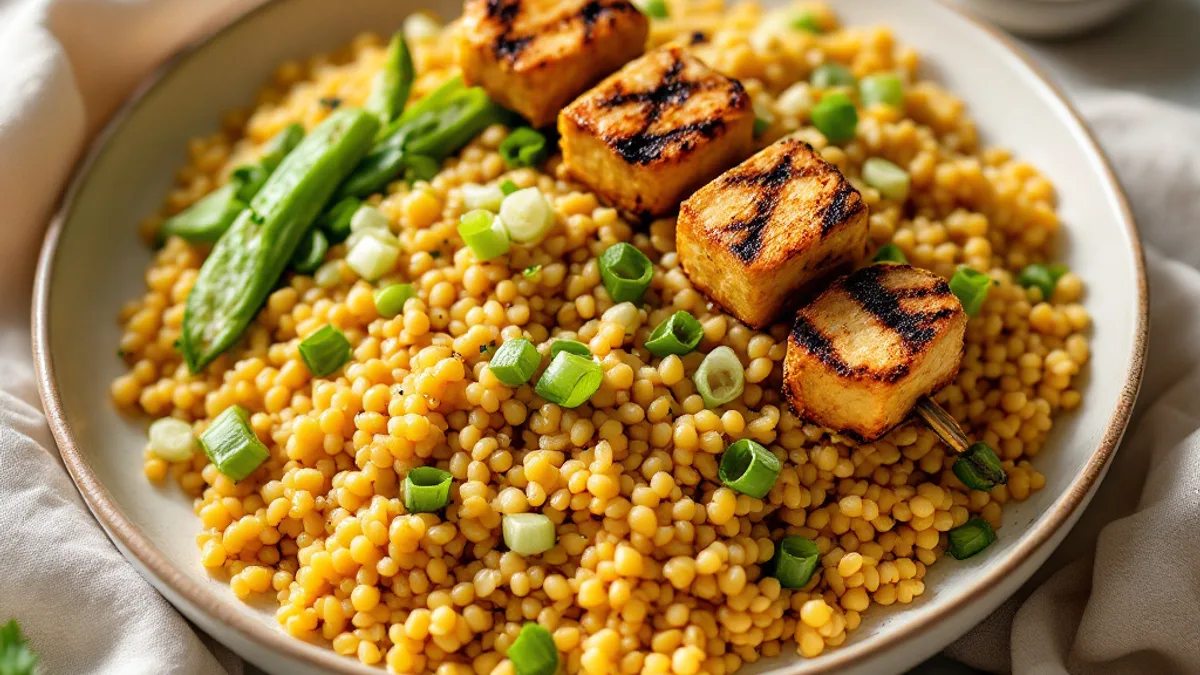 Začinjeno proso s mahunama šećercem i griliranim tofu ražnjićima uz umak od kikirikija i kokosa