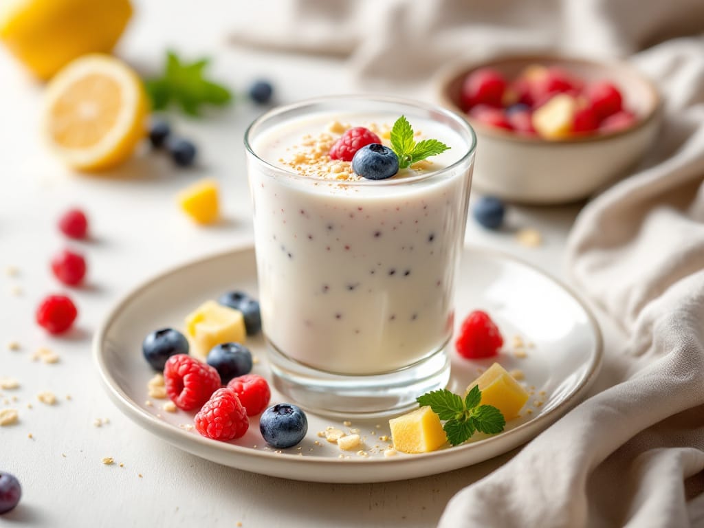Holunderblüten-Kefir mit Himbeeren und gequollenen Chiasamen