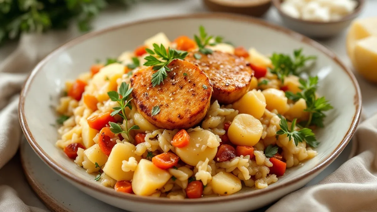 Jackfruit-Gulasch mit Sauerkraut und Kartoffeln