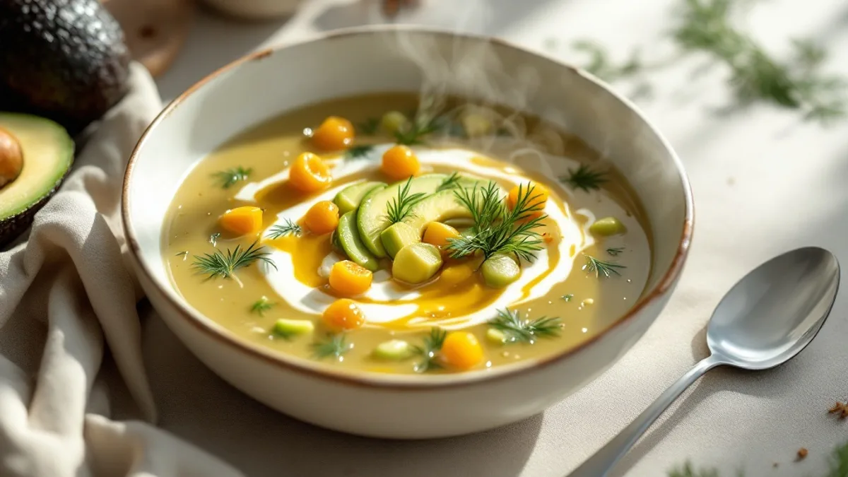 Kalte Avocado-Gurken-Suppe mit Dill und Kürbiskernen
