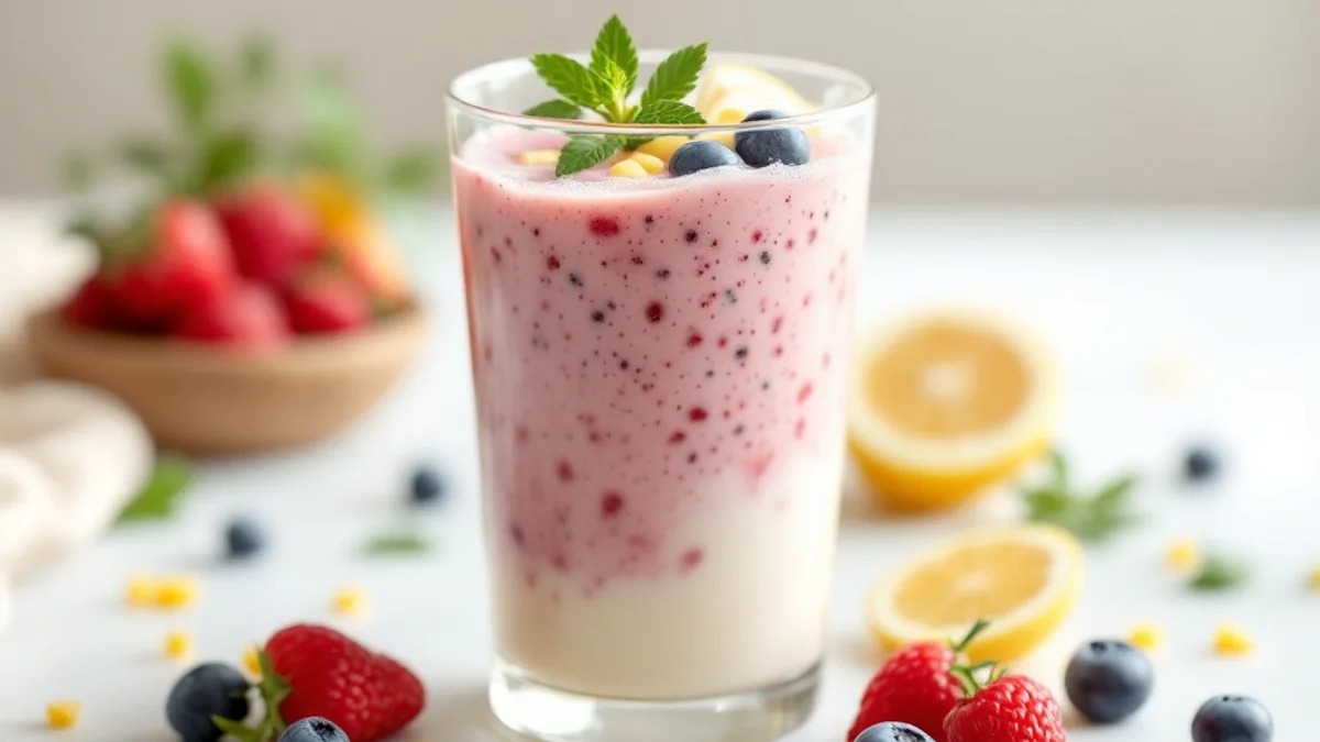 Kaltgerührter Brombeer-Kefir mit Leinsamen und Zitronenmelisse