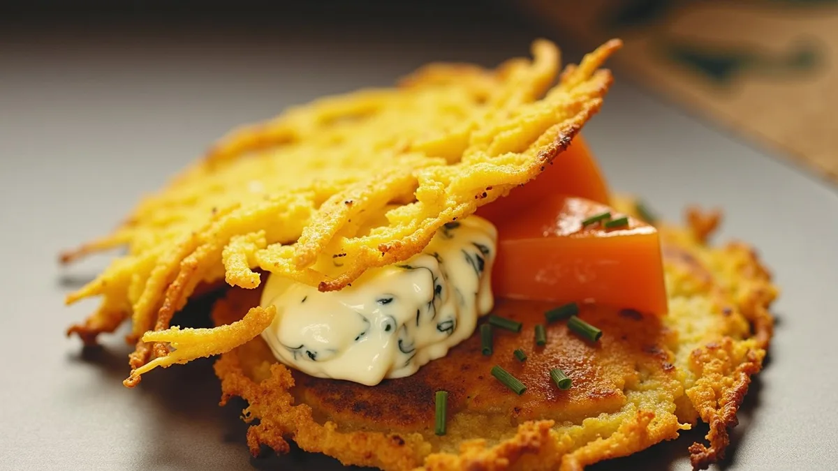 Knusprige Kartoffelrösti mit Räucherlachs und Schnittlauch-Creme