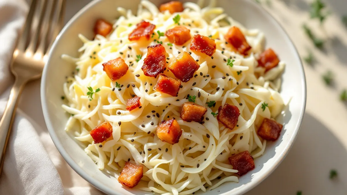 Knuspriger Weißkohl-Salat mit Speckwürfeln