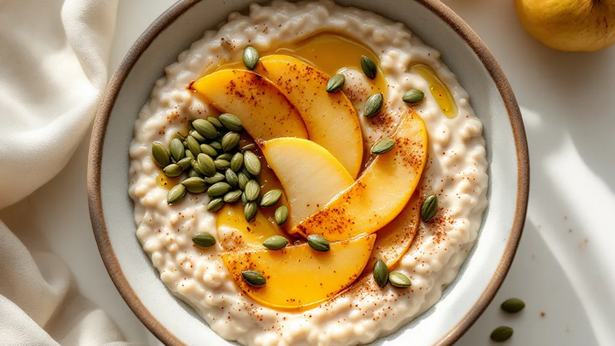 Herzhaftes Kürbiskern-Porridge mit karamellisierter Birne und Zimt