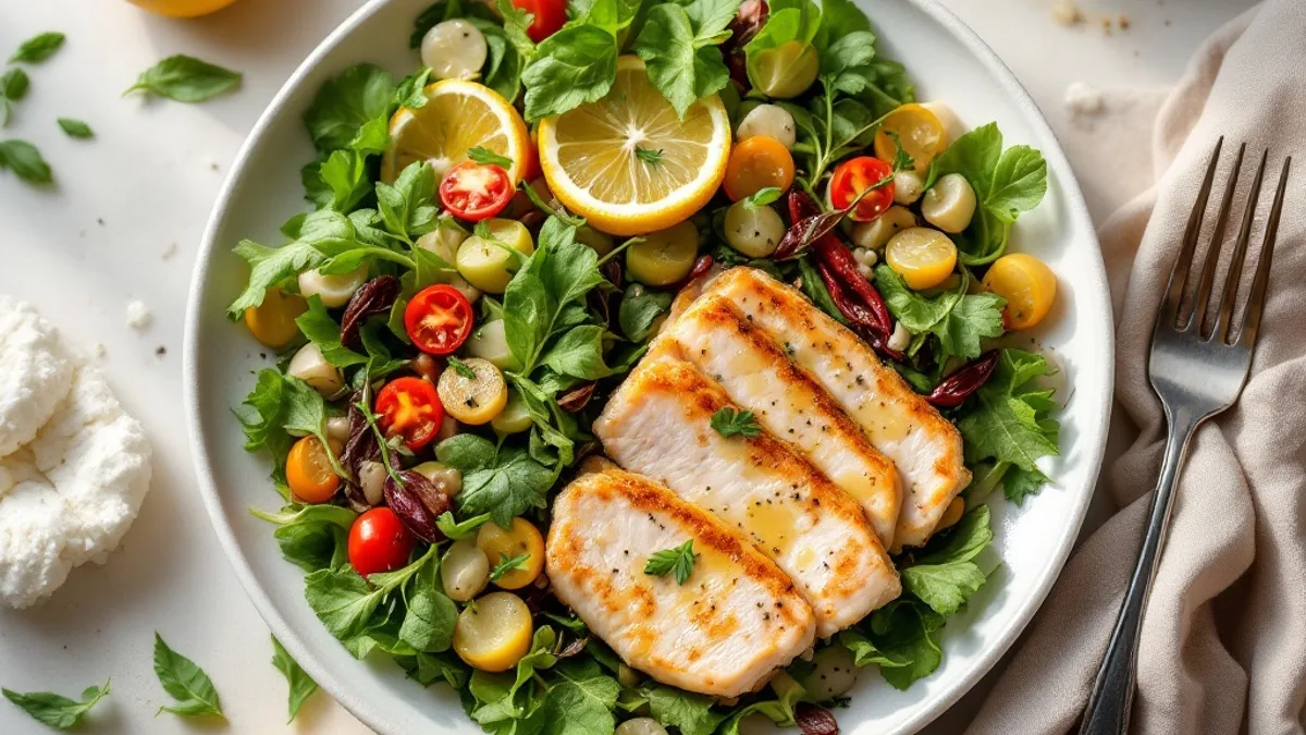 Gebratenes Lachsfilet mit buntem Blattsalat und Zitronen-Senf-Dressing