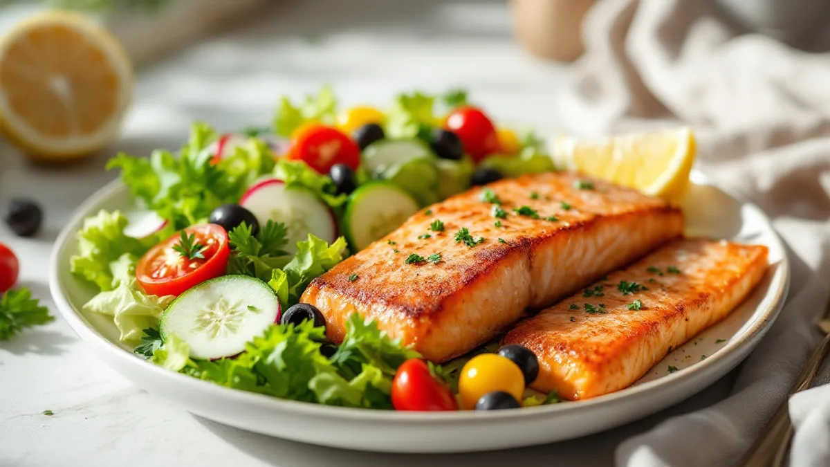 Gebratenes Lachsfilet mit buntem Blattsalat und Zitronen-Senf-Dressing