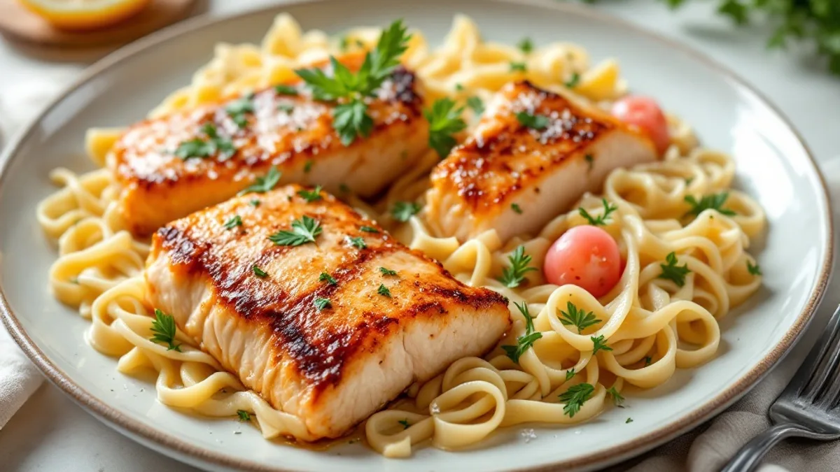 Bandnudeln mit Lachs in Zitronen-Sahnesauce und frischer Minze