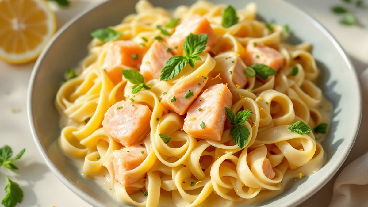 Bandnudeln mit Lachs in Zitronen-Sahnesauce und frischer Minze