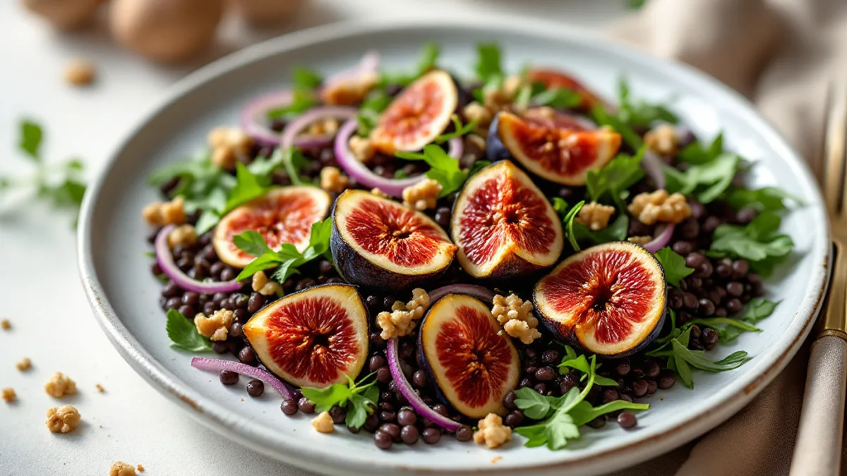 Lauwarmer Linsen-Rucola-Salat mit gebratenen Feigen und Walnüssen