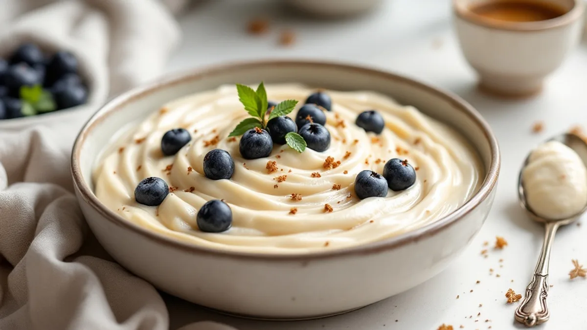 Cremiger Lavendel-Milchreis mit warmen Heidelbeeren