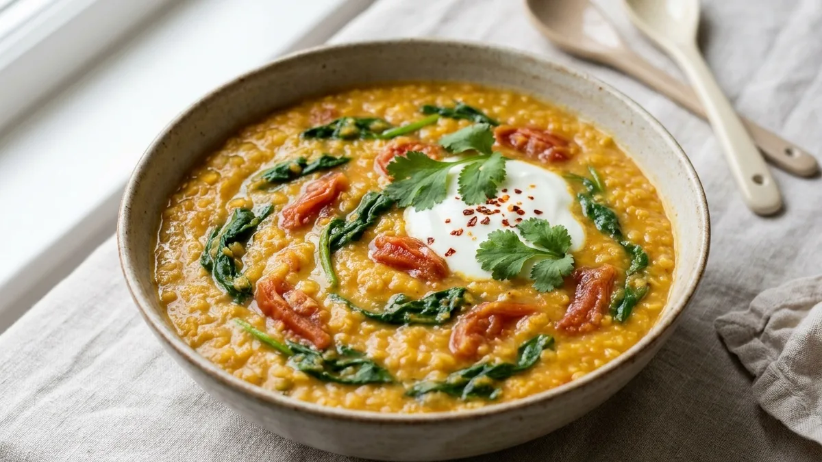 Linsen-Dal mit Spinat und Tomaten