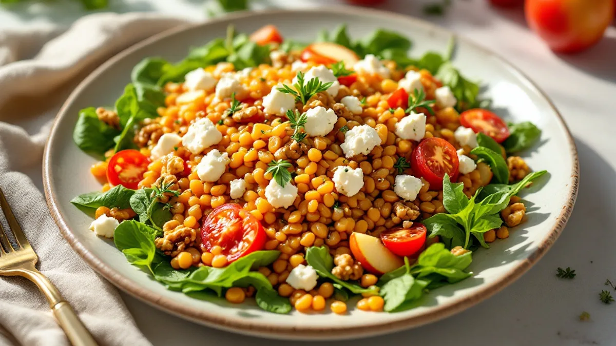 Linsen-Rucola-Salat mit Schafskäse und Walnüssen — Teller mit Linsen, Rucola, Tomaten, Feta, Walnüssen und Apfelscheiben