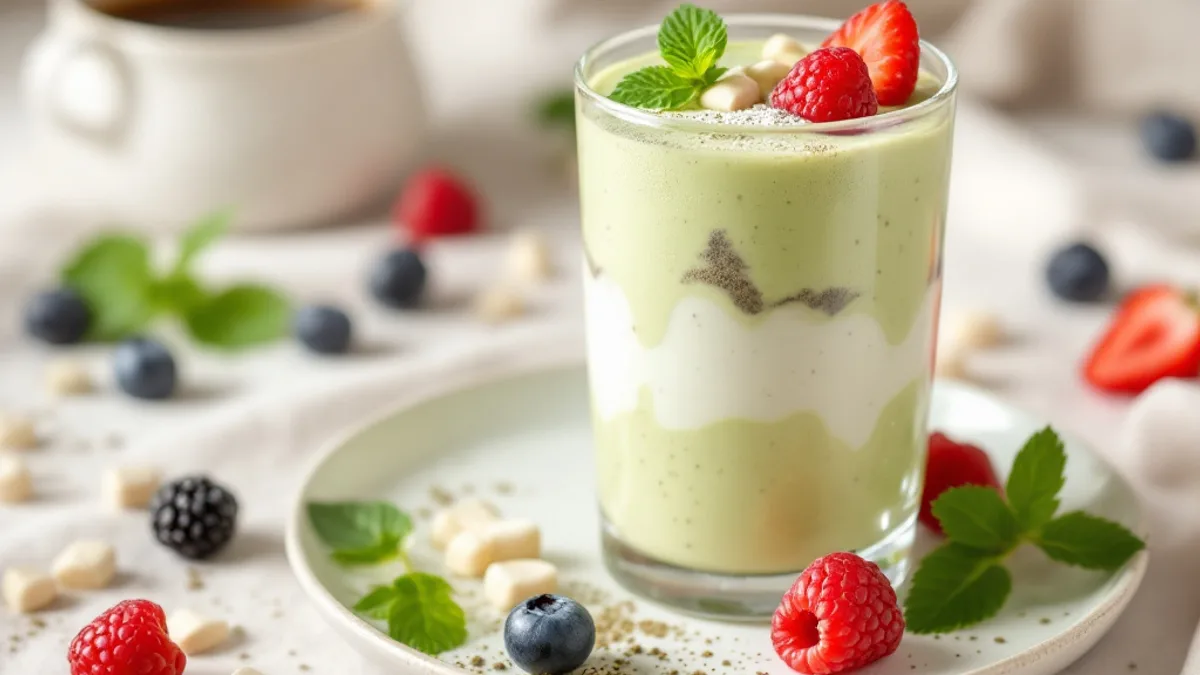 Matcha-Chia-Kokos-Eiscreme mit Himbeeren
