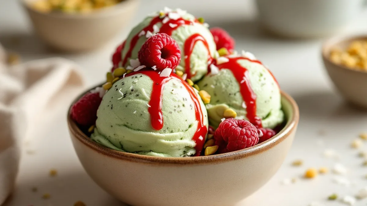 Matcha-chia-kokos sladoled s malinama — tri kuglice svijetlozelenog matcha sladoleda s chia sjemenkama, umakom od malina, malinama, pistacijama i kokosom