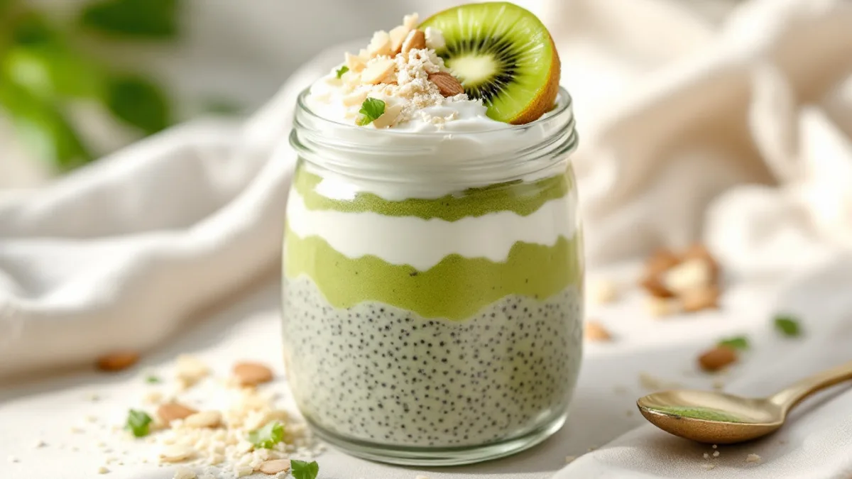 Matcha-Chia-Pudding mit Kokosjoghurt und Kiwi