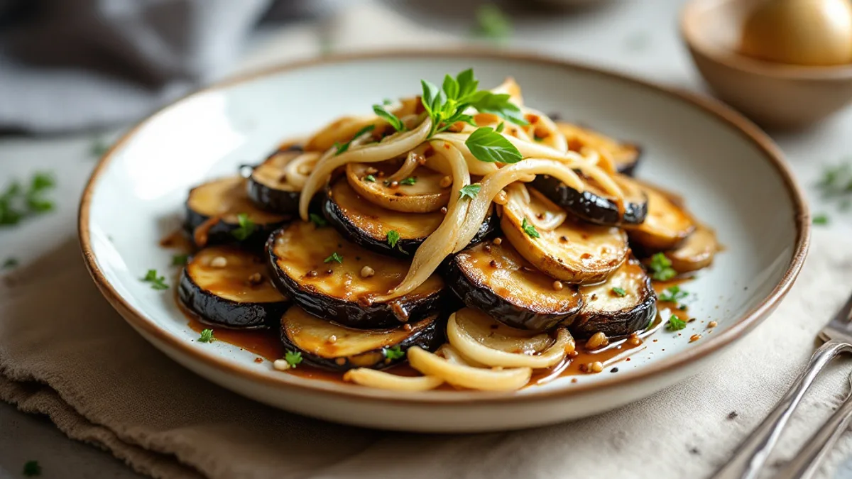 Miso-glasierte Aubergine mit Shiitake und schwarzem Sesam
