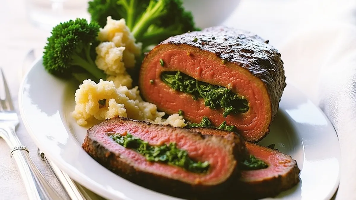 Spinatgefüllter Rinderbraten mit Brokkoli und Mandelbutter