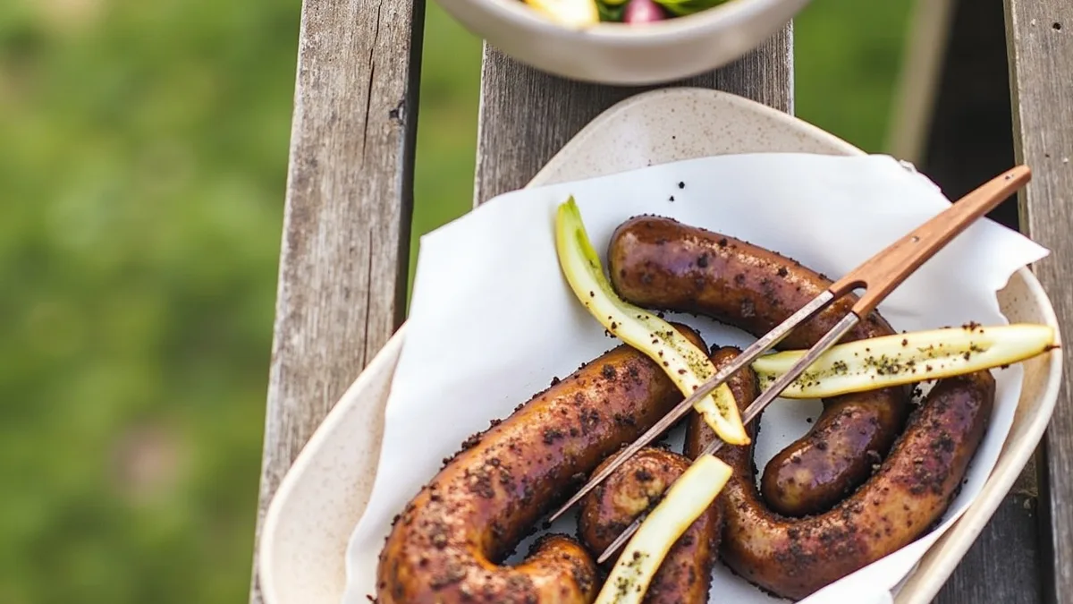 Gegrillte Bratwürstchen mit buntem Sommergemüsesalat