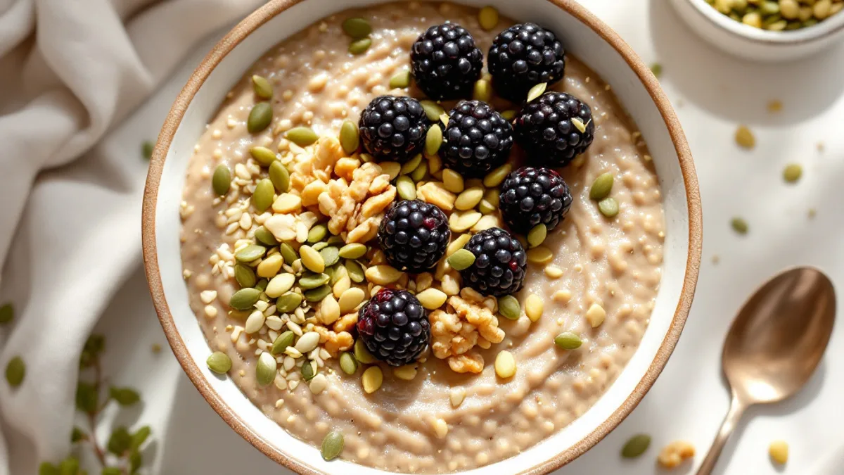 Nussiger Buchweizen-Brei mit Brombeeren und Hanfsamen