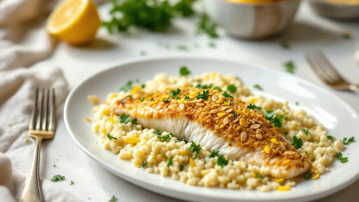 Ofen-Forelle mit Mandel-Petersilien-Kruste und Zitronen-Couscous