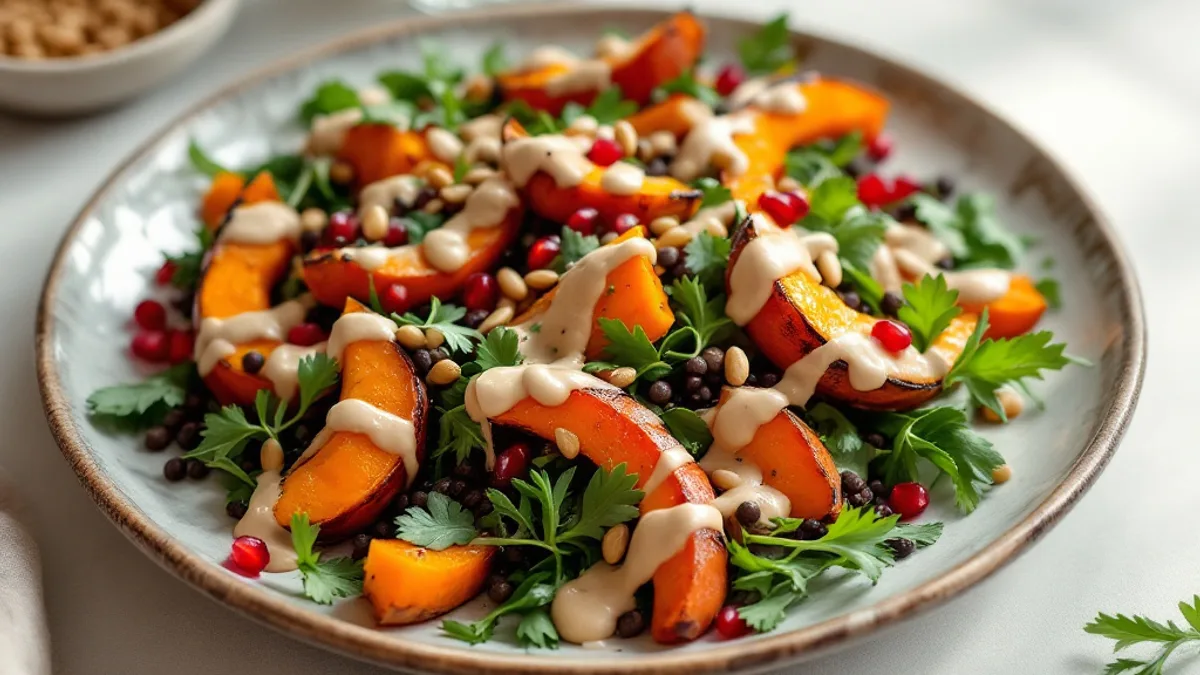 Lauwarmer Ofenkürbis-Salat mit Belugalinsen und Tahini-Dressing