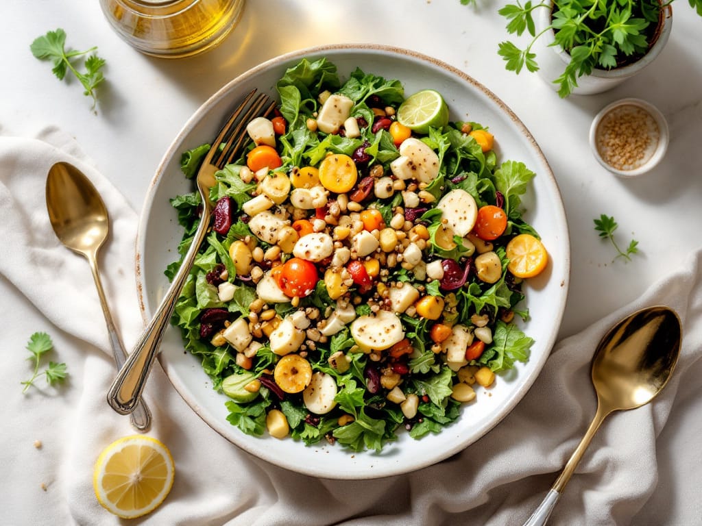 Lauwarmer Ofenkürbis-Salat mit Belugalinsen und Tahini-Dressing