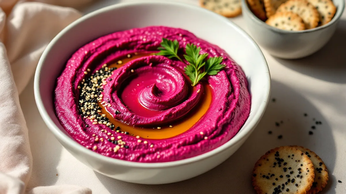 Pečena cikla hummus sa domaćim sezam krekerima