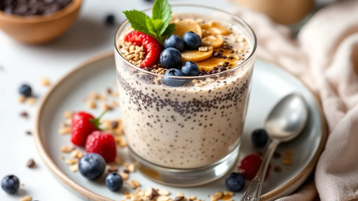 Overnight Oats mit Kakao, Chia und Heidelbeeren