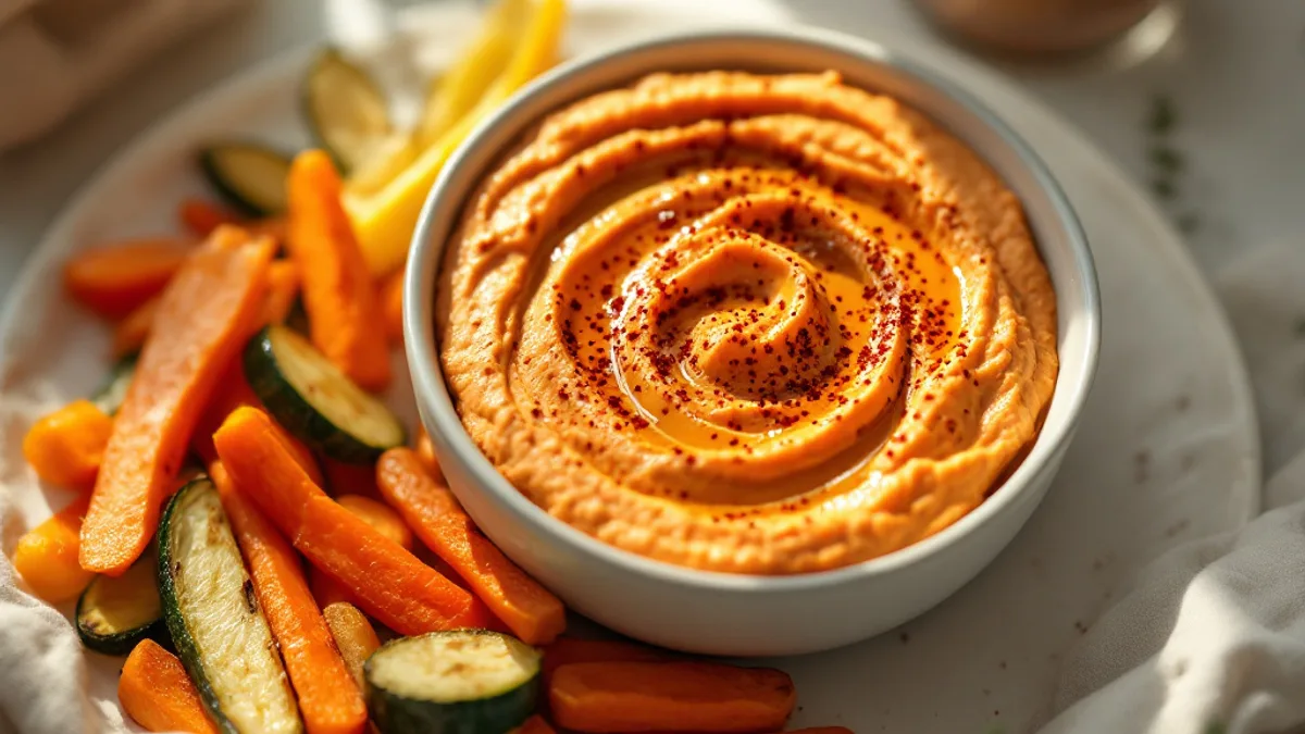 Hummus od crvene paprike s hrskavim štapićima pečenog povrća
