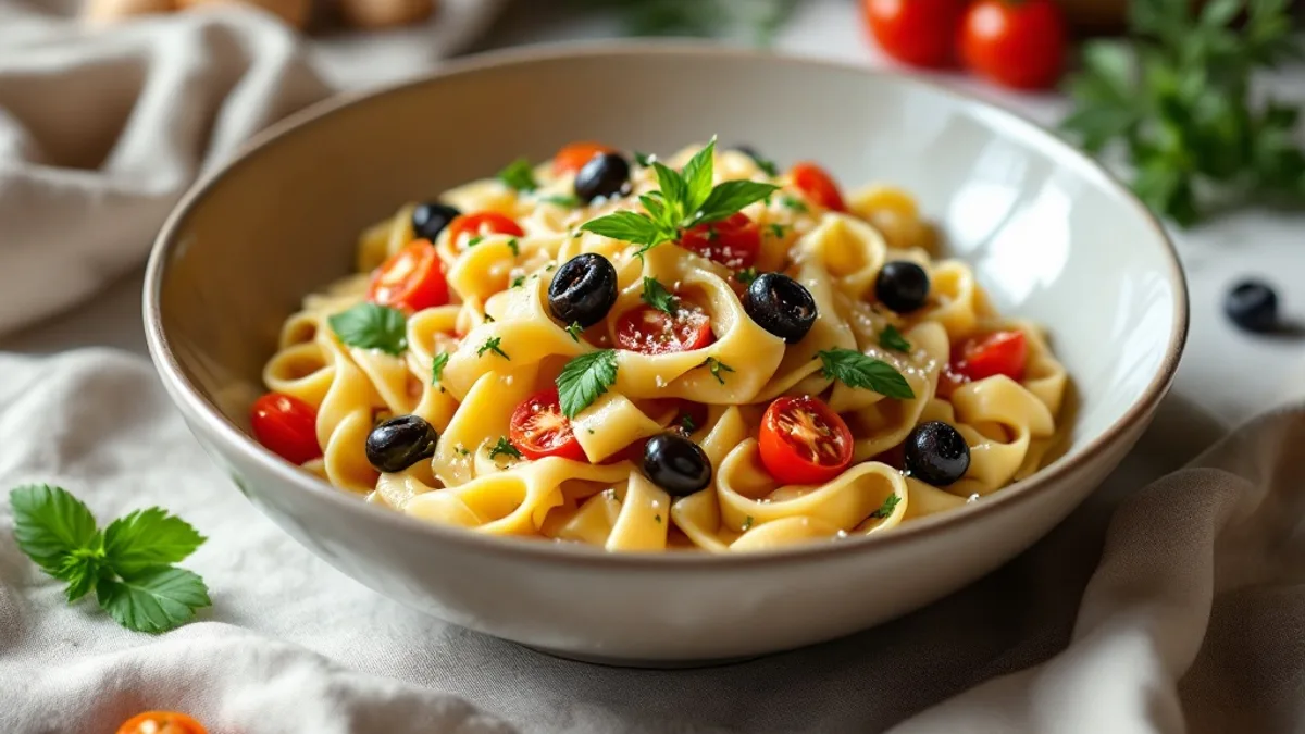 Pasta mit Oliven, Schafskäse und Kirschtomaten