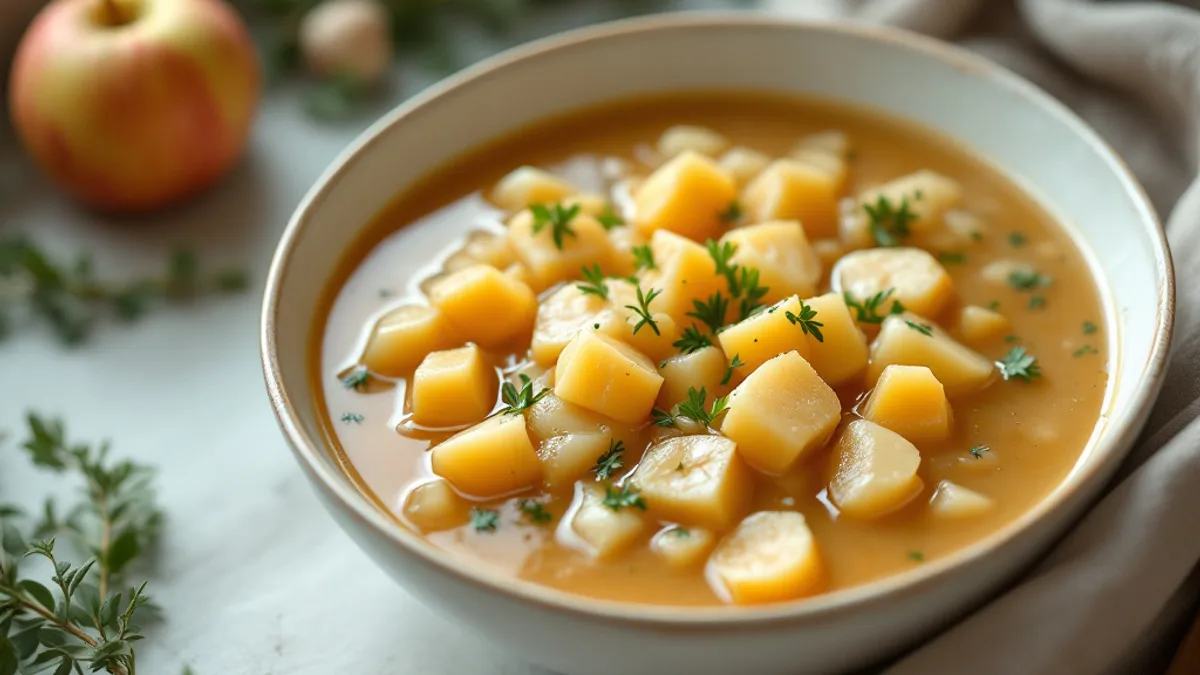 Pastinaken-Apfel-Suppe mit gerösteten Haselnüssen und Thymianöl — Schüssel mit goldgelber Suppe, gewürfelten Pastinaken/Apfelstücken, frischen Kräutern