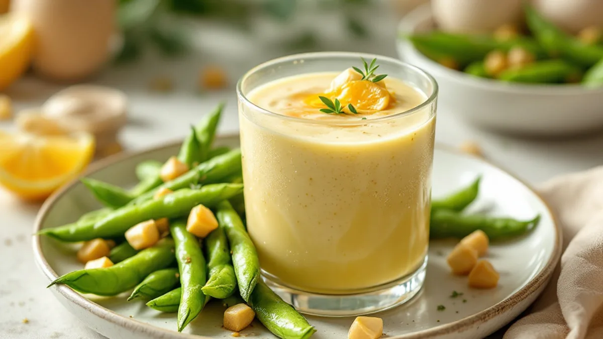 Pikante Edamame-Dip-Schale mit Gemüsesticks und Sesam