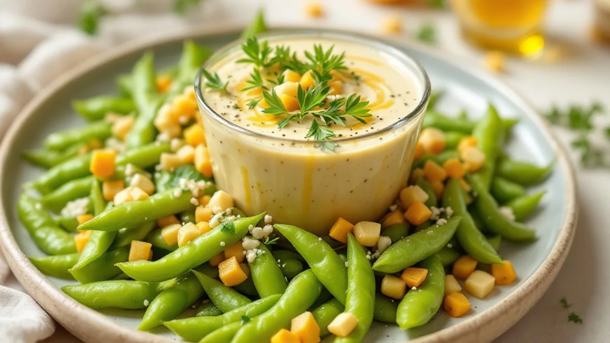Pikante Edamame-Dip-Schale mit Gemüsesticks und Sesam