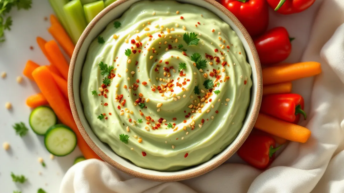 Pikante Edamame-Dip-Schale mit Gemüsesticks und Sesam — hellgrüner Edamame-Dip mit Sesam und Chiliflocken, rundum Karotten, Gurke, Sellerie, Paprika