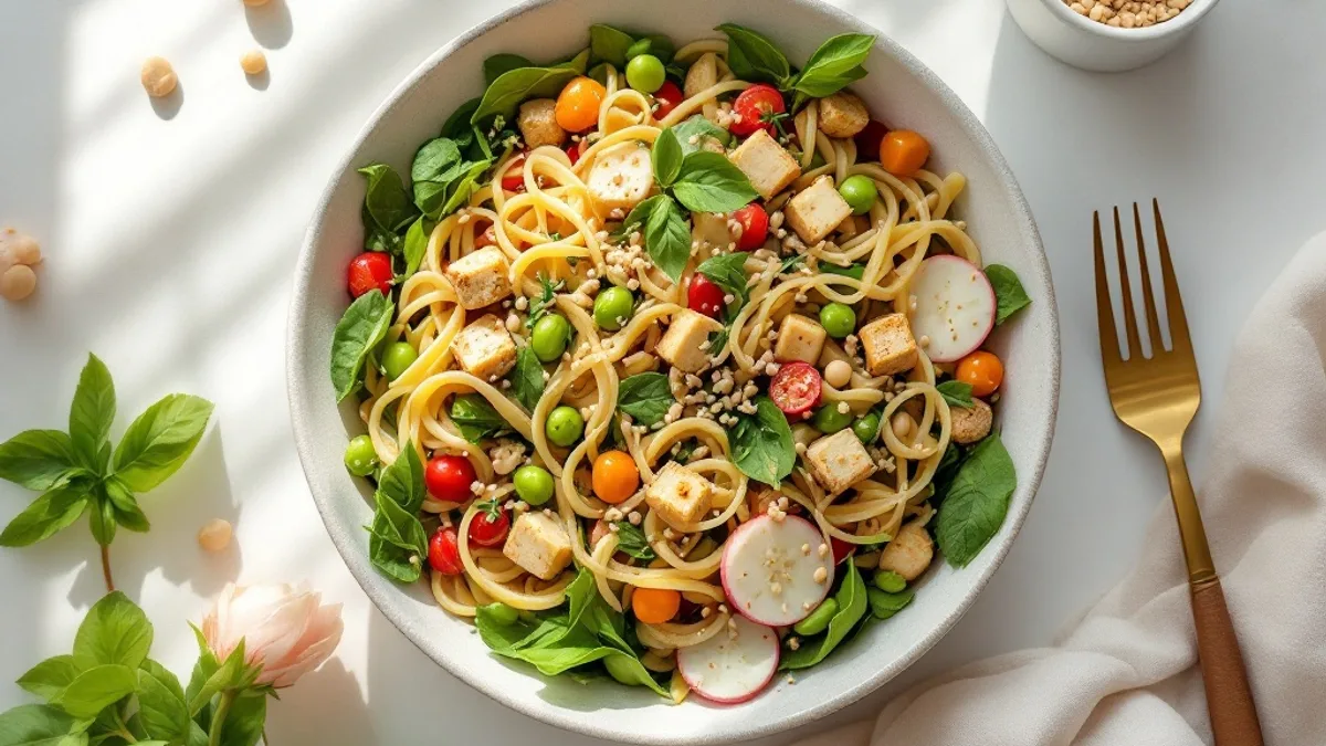Protein-Bowl mit Hülsenfrucht-Pasta, knusprigem Räuchertofu und Sesamdressing