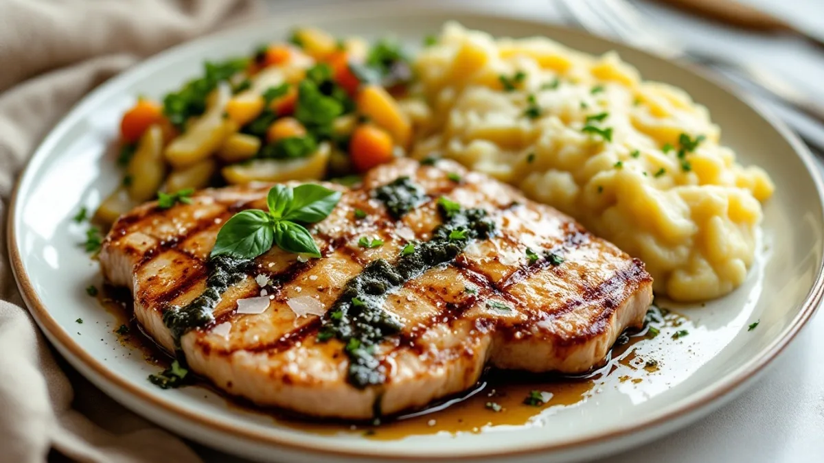 Gefüllter Putenbraten mit Olivenpesto, Röstgemüse und cremigem Kartoffelpüree