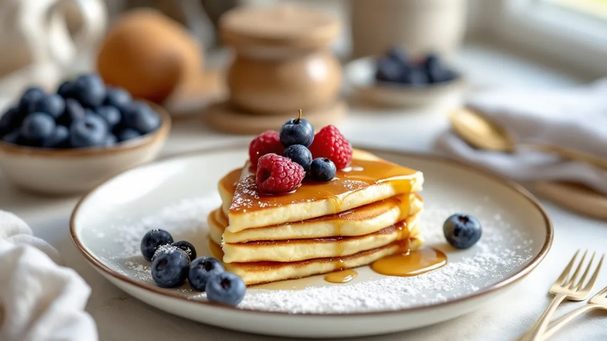 Quark-Pancakes mit Blaubeeren und Ahornsirup