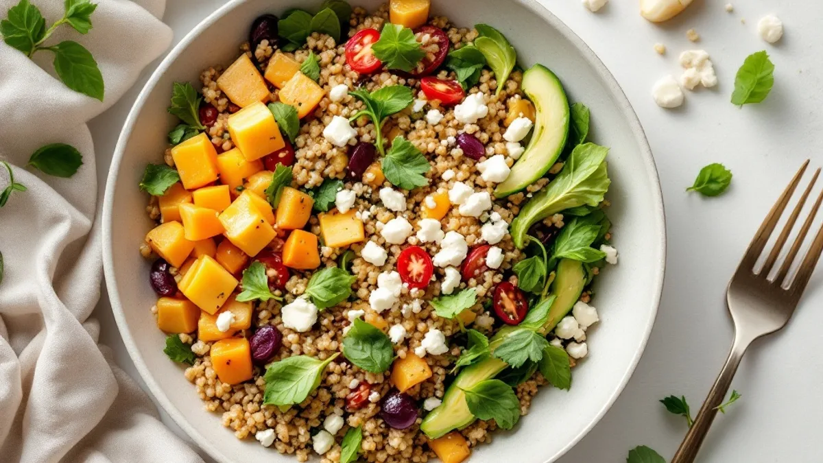Quinoa-Bowl mit geröstetem Kürbis und Feta