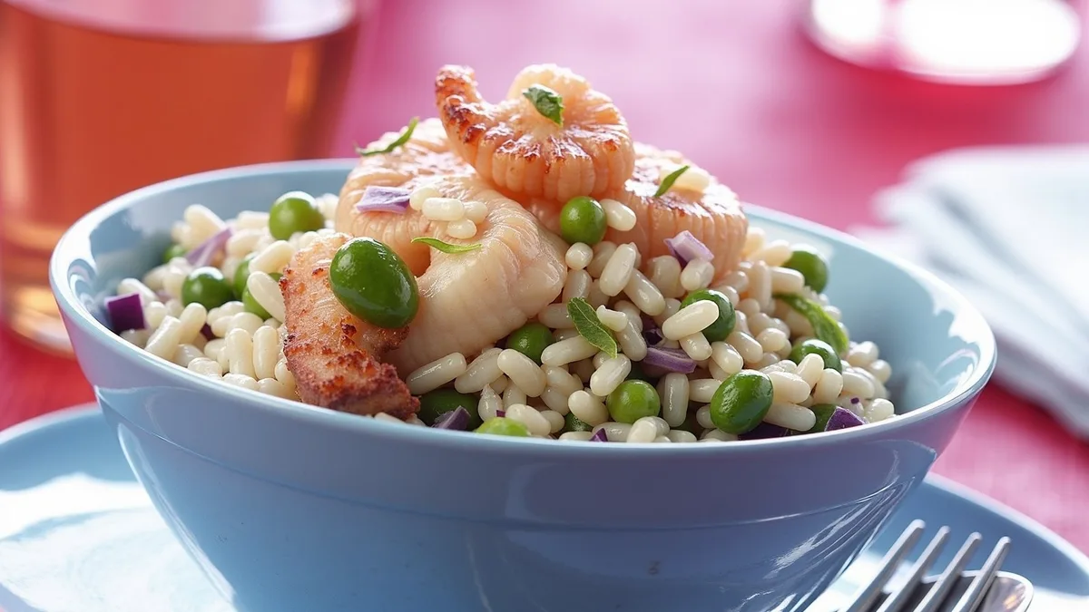 Cremiges Garnelen-Risotto mit grünen Bohnen und Erbsen