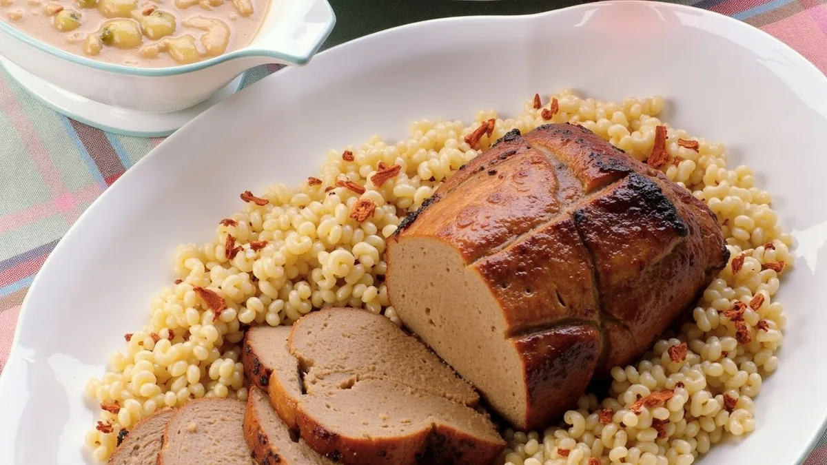 Geschmorter Rinderbraten mit Zwiebelsauce und Gemüsereis