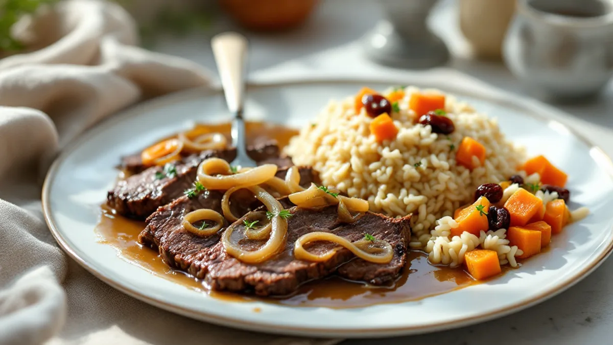 Geschmorter Rinderbraten mit Zwiebelsauce und Gemüsereis