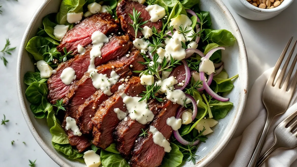 Gebratenes Roastbeef mit Feldsalat, Birnen und Gorgonzola-Vinaigrette